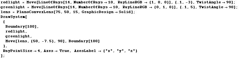 redlight = Move[LineOfRays[14, NumberOfRays10, RayLineRGB  {1, 0, 0}], {.1, -3 ... rue, ,,  , AxesLabel  {"x", "y", "z"}}], , ]}], ;}] 