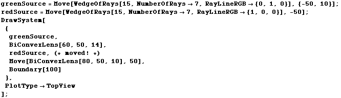 greenSource = Move[WedgeOfRays[15, NumberOfRays7, RayLineRGB {0, 1, 0}], {-50, ... ens[80, 50, 10], 50], Boundary[100] }, PlotTypeTopView] ; 