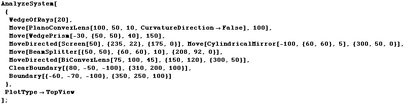 AnalyzeSystem[ {WedgeOfRays[20], Move[PlanoConvexLens[100, 50, 10, Cur ... ;Boundary[{-60, -70, -100}, {350, 250, 100}] }, PlotTypeTopView] ;