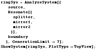 ringSys = AnalyzeSystem[{source, Resonate[{splitter, mirror1,  ... 1;boundary}, GenerationLimit  7] ; ShowSystem[ringSys, PlotTypeTopView] ; 