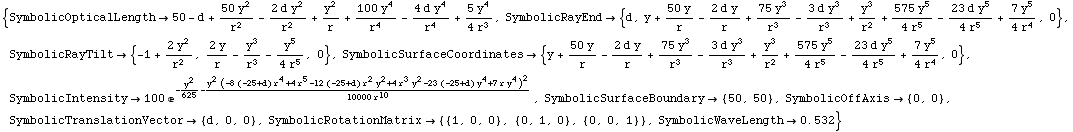 RowBox[{{, RowBox[{SymbolicOpticalLength50 - d + (50 y^2)/r^2 - (2 d y^2)/r^2 + y^2/r  ... #62754; {{1, 0, 0}, {0, 1, 0}, {0, 0, 1}}, ,, RowBox[{SymbolicWaveLength, , 0.532}]}], }}]